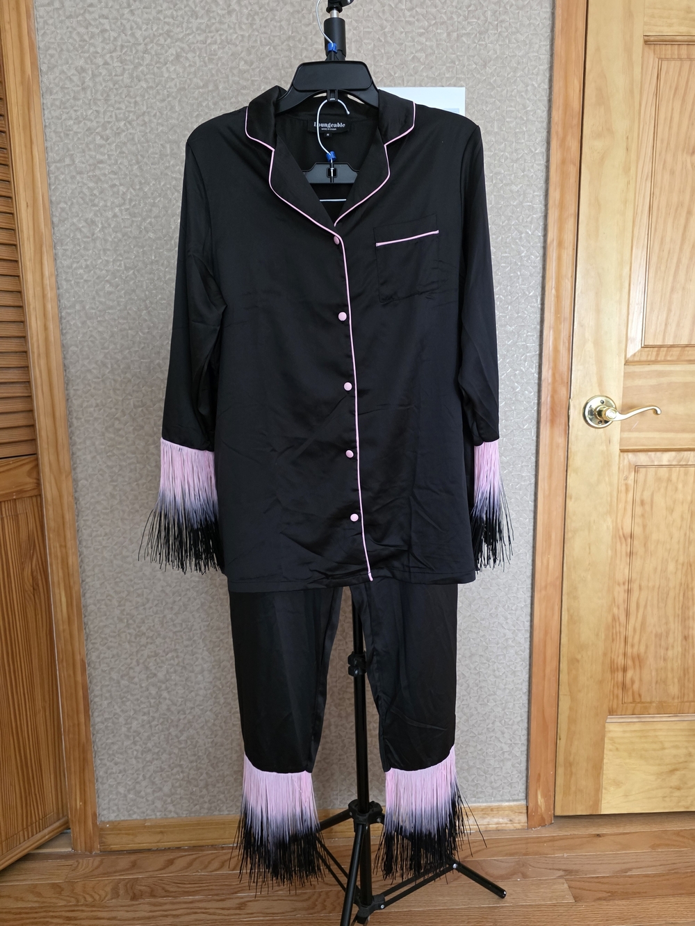 Black Satin Pajama Set with Pink Trim & Ombre Fringe